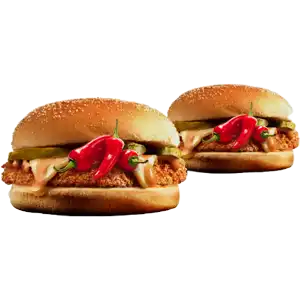 التوأم -X2برجر فيليه الدجاج مع جبنة (حراق)يحتوي التوام على 2 برجر فيليه دجاج حراق مع جبنة، خيار مخلل، وصلصة مميزة