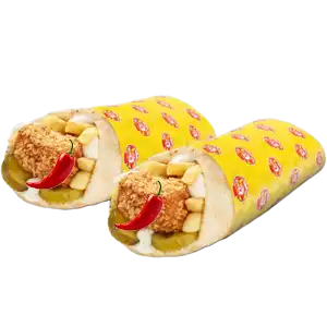 يحتوي التوام على دجاج مسحب حراق ملفوف بالخبز العربي، مع صلصة الثوم والخيار المخلل والبطاطس